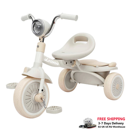 UBRAVOO Baby Foldable Tricycle Trike with Pedals,Unique PU Wheels with Elasticity Shock-absorbing Effect,Cool Lights,1-5 Years